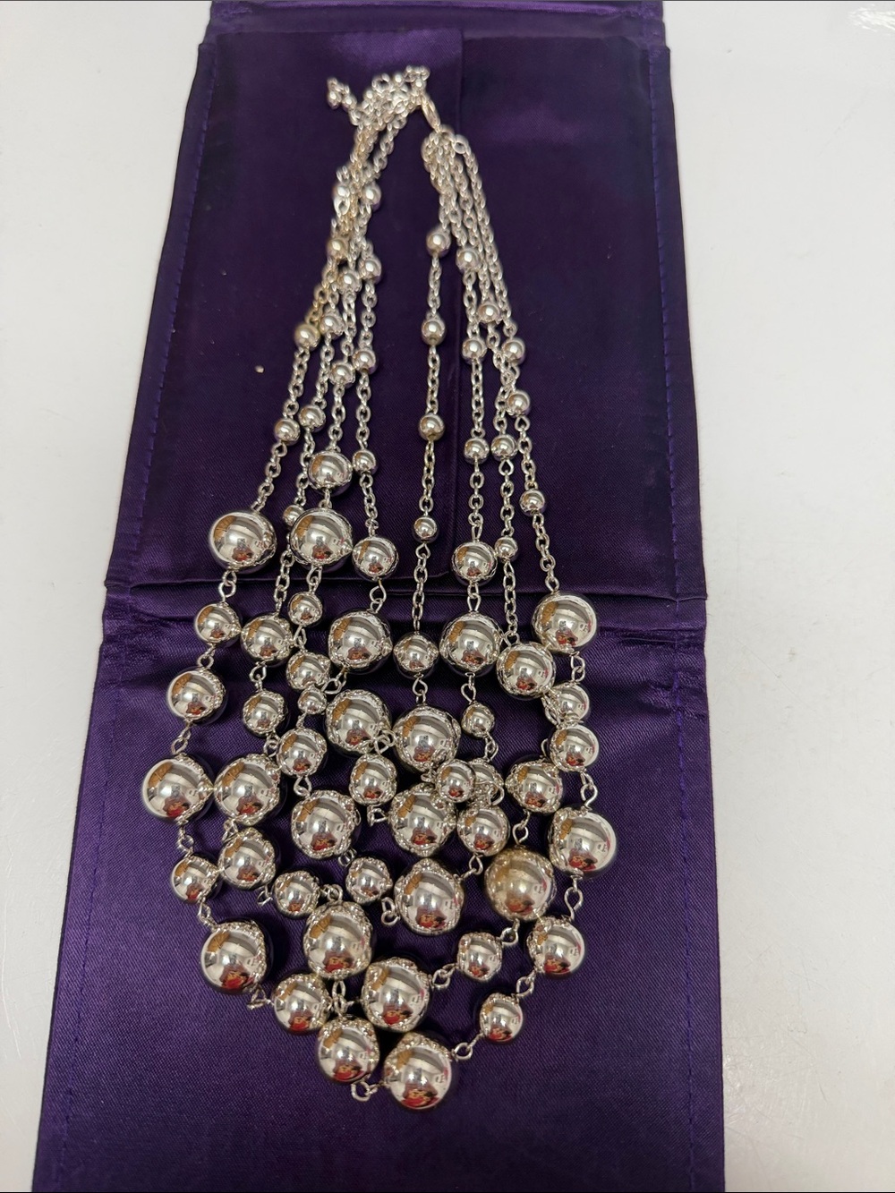 Silver color Multi-Strand Beaded Statement Necklace 19” 4 strands